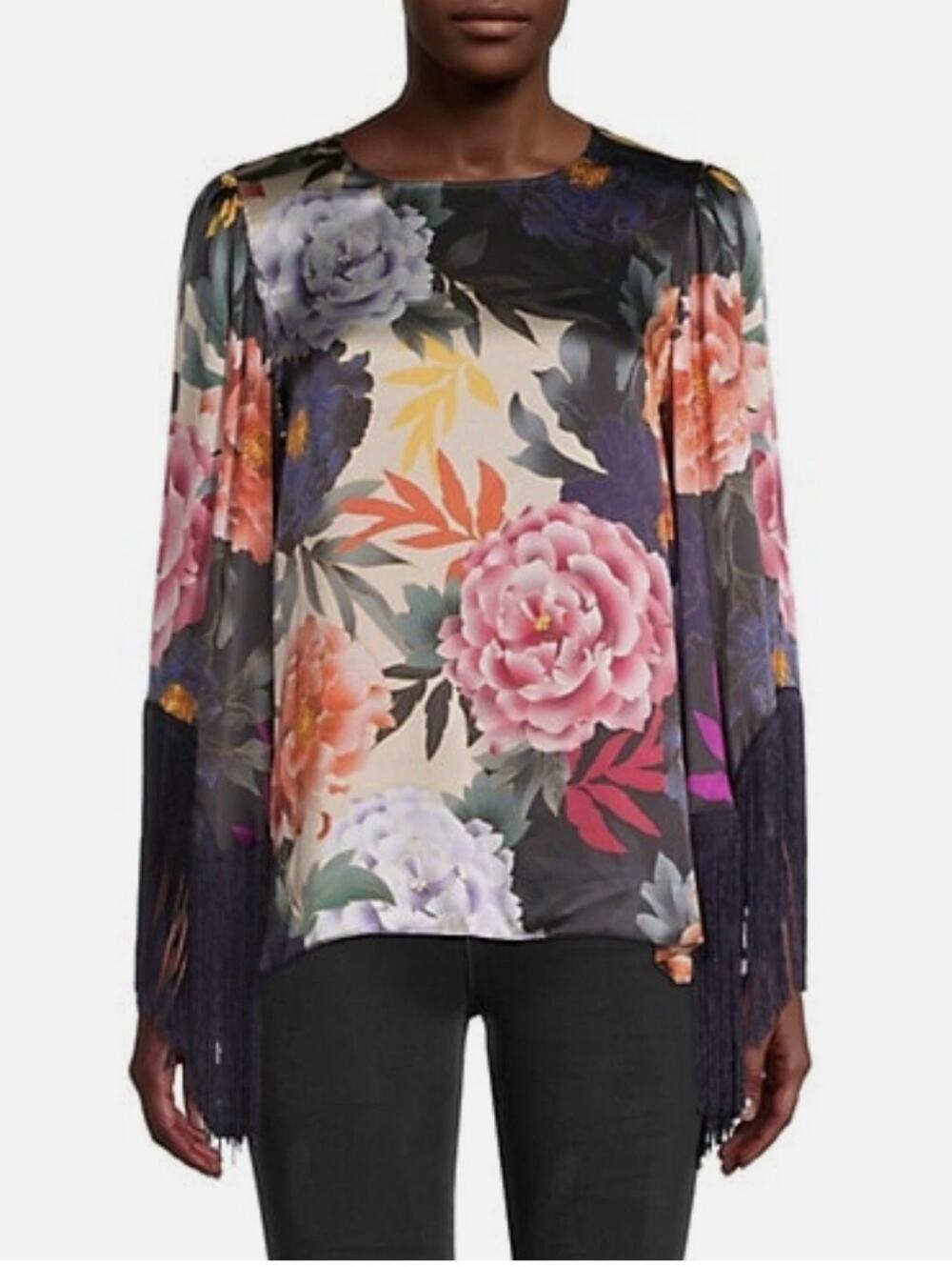 KOBI HALPERIN | Floral Silk Blouse with Long Fringe Bell Sleeves | Large
